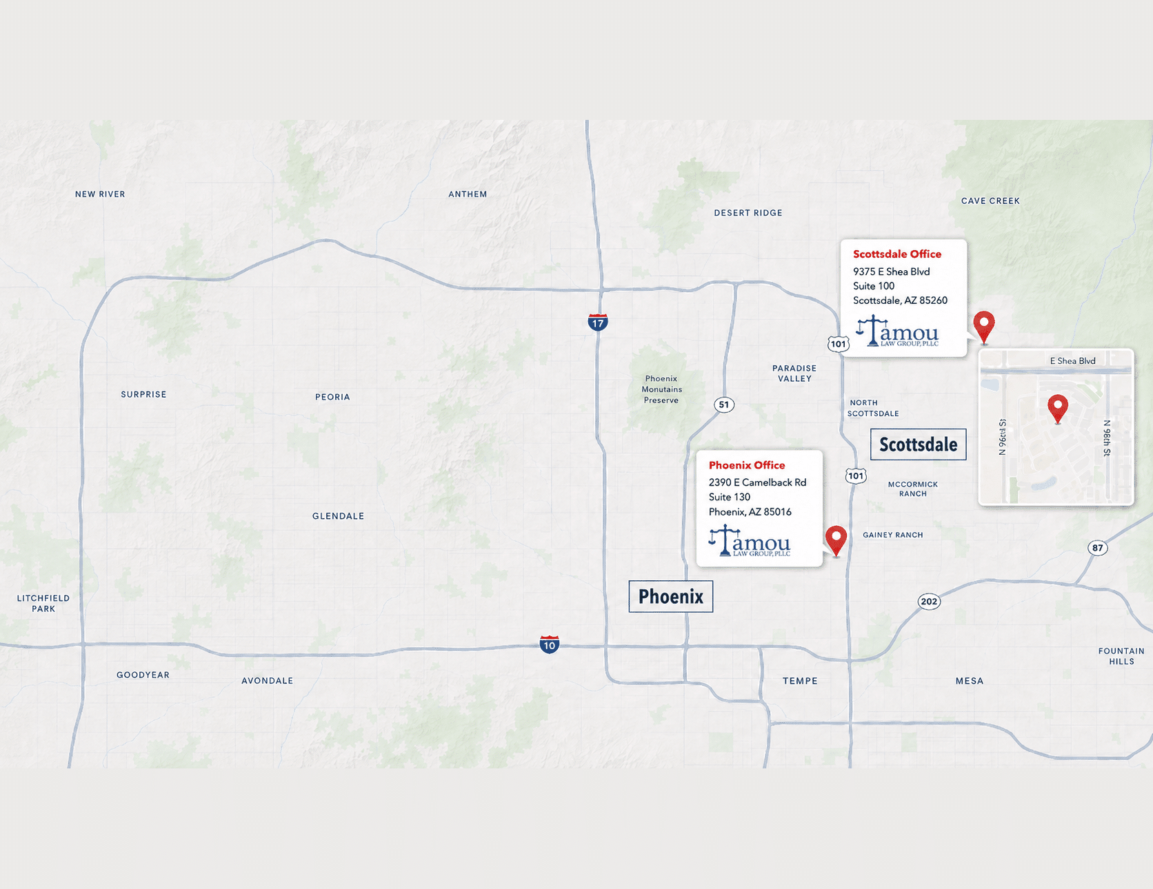 Map Showing The Location Of Our Phoenix & Scottsdale Criminal Defense Law Offices